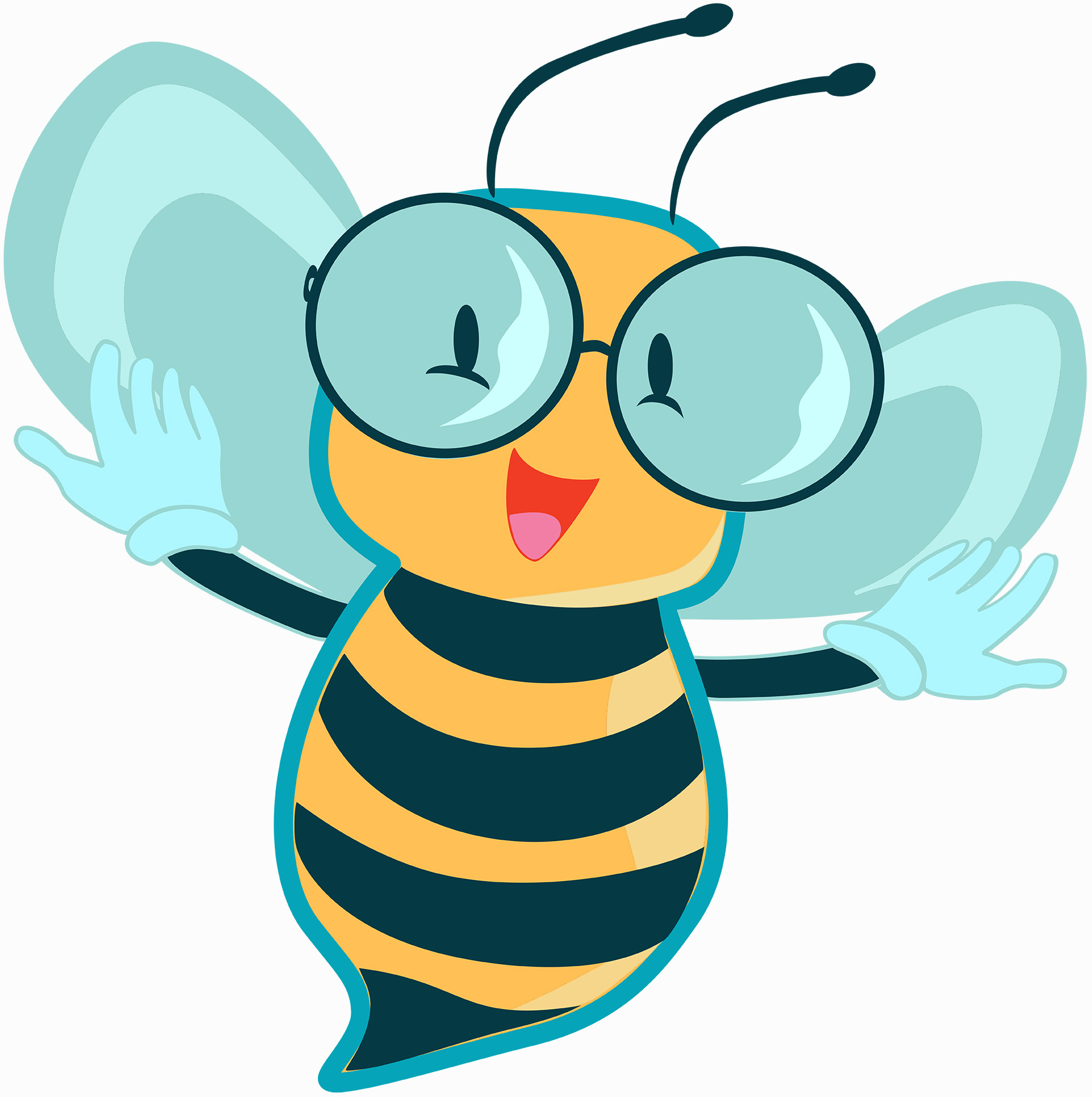 Cartoon image of a bumblebee with large glasses, "Bizzy Bee", the Roselle Public Library mascot.